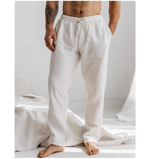 Men's Trousers – Relaxed Fit – Linen – Elastic Waist with Drawstring – Side Pockets