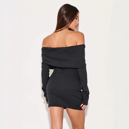 Dress for Women – Off-Shoulder – Slim Fit – Ribbed Knit – A-Line Mini – Long Sleeves