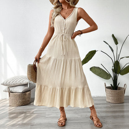 Women's Midi Dress – Sleeveless – Relaxed Fit – V-Neck – Button Closure – Layered Skirt – Waistband – Breathable Material