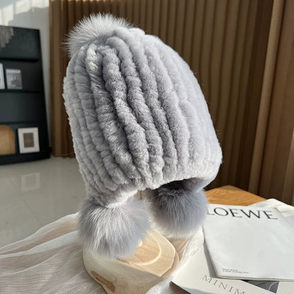 Isla Ribbed Fur Trim Beanie Hat | Pompoms Solid Beanie Hat