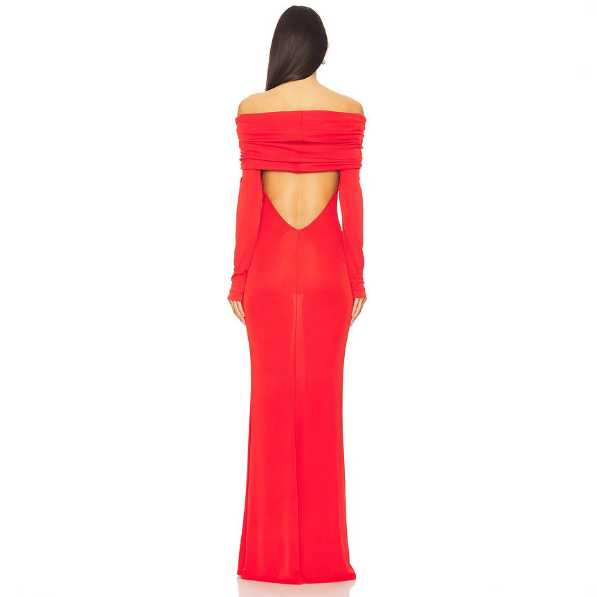 Women's Evening Dress – Slim Fit – Off-Shoulder – Long Sleeve – Floor-Length Satin
