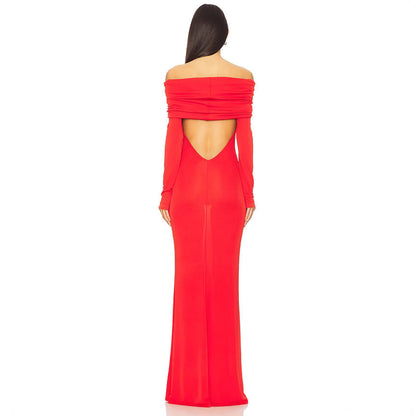 Women's Evening Dress – Slim Fit – Off-Shoulder – Long Sleeve – Floor-Length Satin