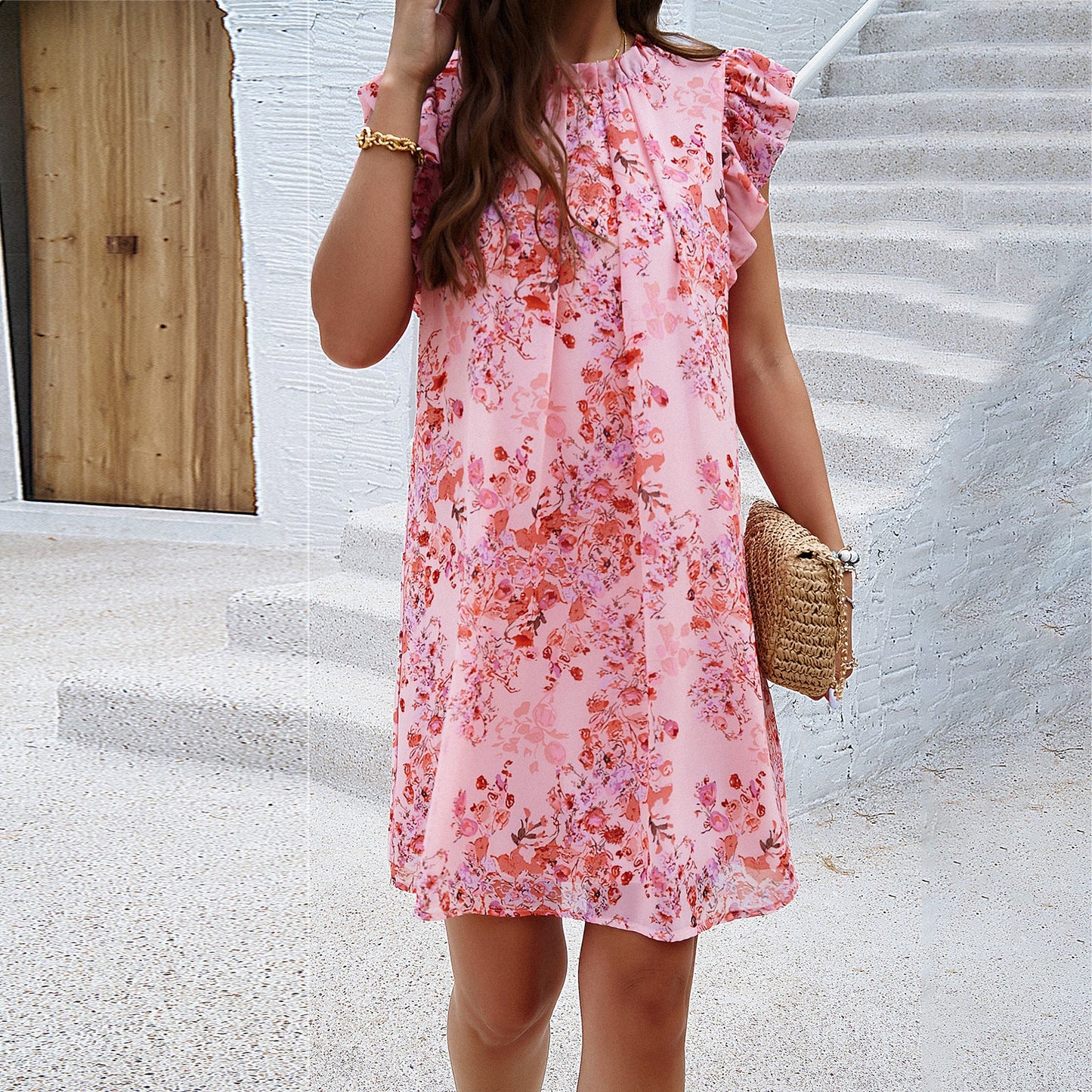 Dress for Women – Sleeveless A-line – Light and Breathable – Ruffle Sleeves – Floral Pattern
