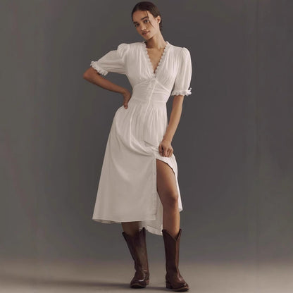 Women's Dress – Midi Length – V-neck with Lace – Puff Sleeves – A-line Fit