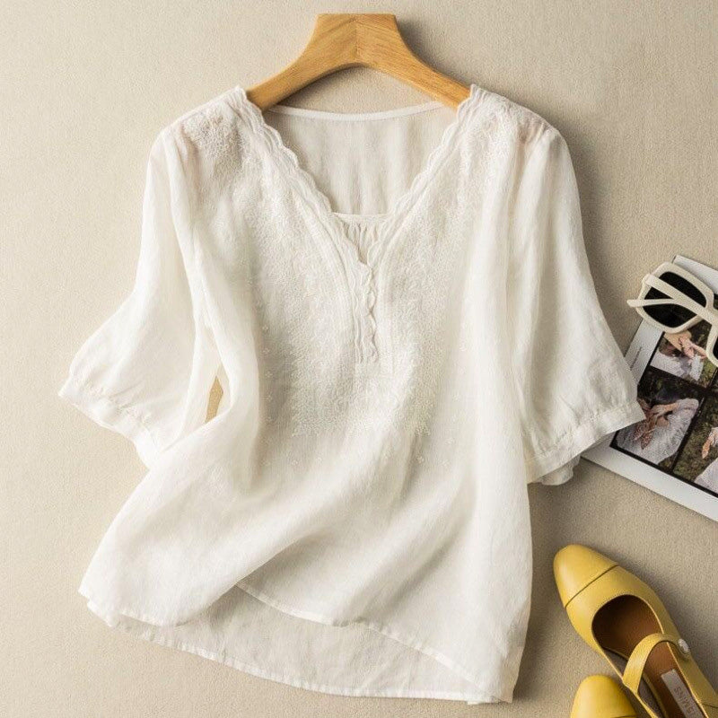 Relaxed Fit Embroidered V-Neck Blouse for Women – Effortless Everyday Elegance