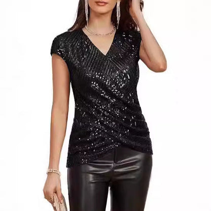 Women's Top – Slim Fit – V-neck – Sequin Details – Asymmetric Waist Draping