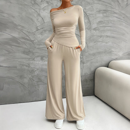 Women's Set – Slim Fit Long-Sleeve Top – High-Waisted Wide Pants – Stretchable Comfort