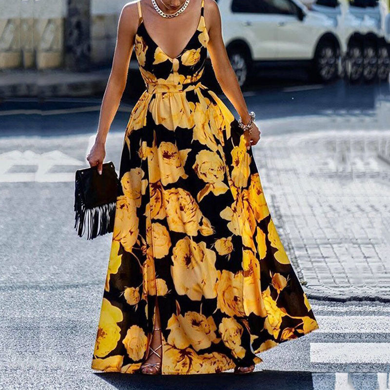 Maxi Dress for Women – A-line Fit – Spaghetti Straps – Deep Neckline – Print Layer