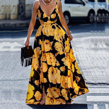 Maxi Dress for Women – A-line Fit – Spaghetti Straps – Deep Neckline – Print Layer