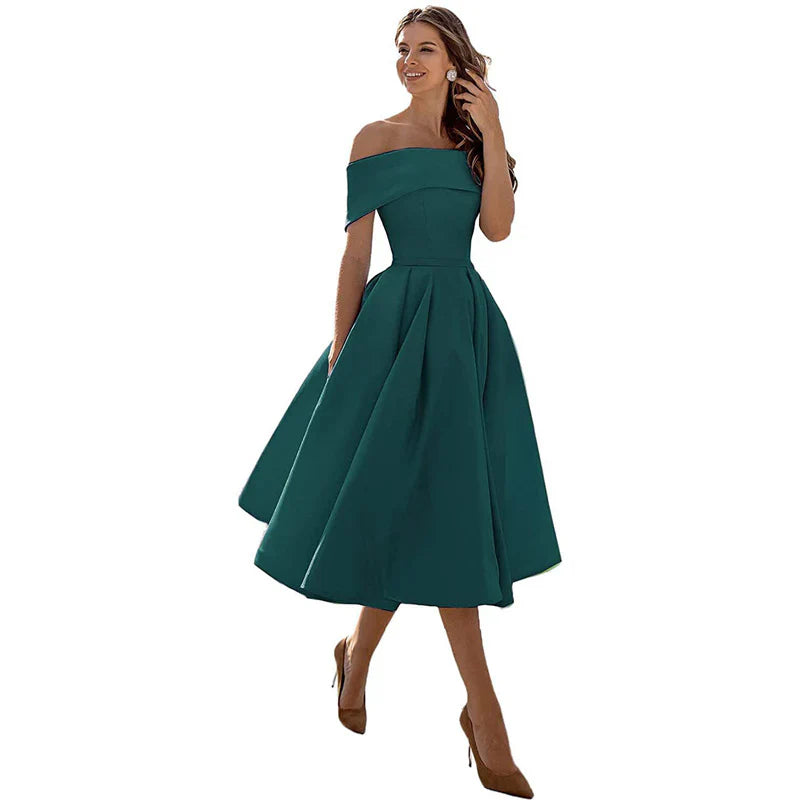 Women's Midi Dress - Elegant Off-Shoulder - Fit & Flare - Formal Party Look