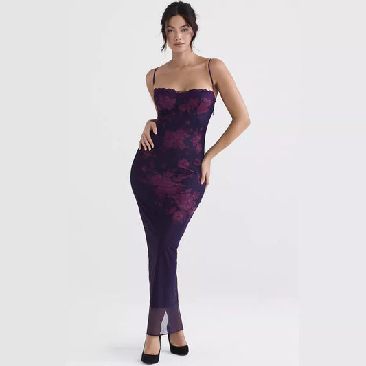 Women's Long Dress – Slim Fit – Floral Pattern – Open Back – Mesh Trim
