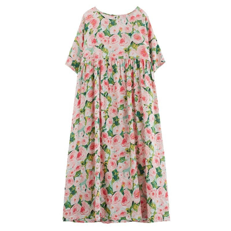 Women's Maxi Dress – Floral Pattern – Loose Fit – V-Neck – 3/4 Sleeves
