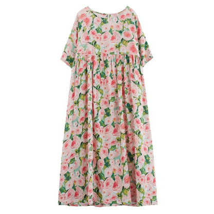 Women's Maxi Dress – Floral Pattern – Loose Fit – V-Neck – 3/4 Sleeves