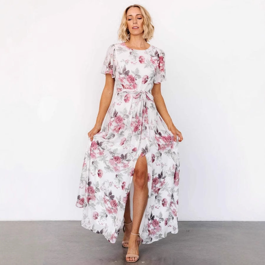 Women's Maxi Dress – Slim Fit – Short Sleeve – Round Neck – Floral Print – Front Slit