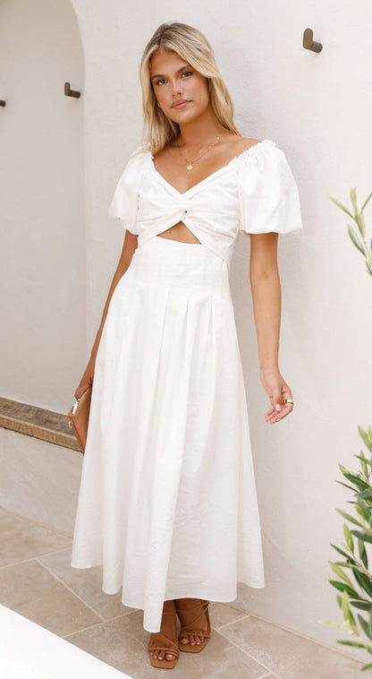 Women's Long Dress – Fit and Flare – Puff Sleeves – V-Neck – Light and Breathable