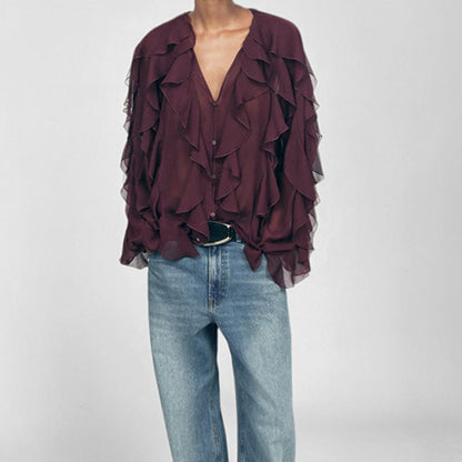 Women's Blouse – Loose Fit – Light Chiffon – V-Neck – Long Sleeves – Ruffle Front