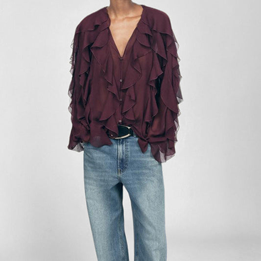 Women's Blouse – Loose Fit – Light Chiffon – V-Neck – Long Sleeves – Ruffle Front