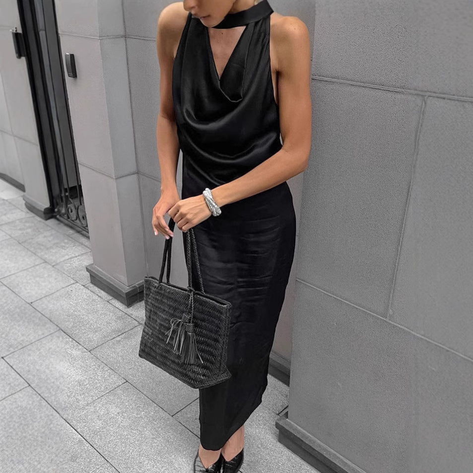 Women's Halterneck Dress – Satin – Draped Cowl Neck – Bodycon Fit – Midi Length
