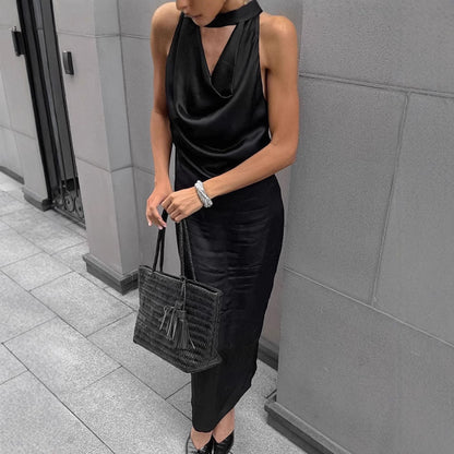Women's Halterneck Dress – Satin – Draped Cowl Neck – Bodycon Fit – Midi Length