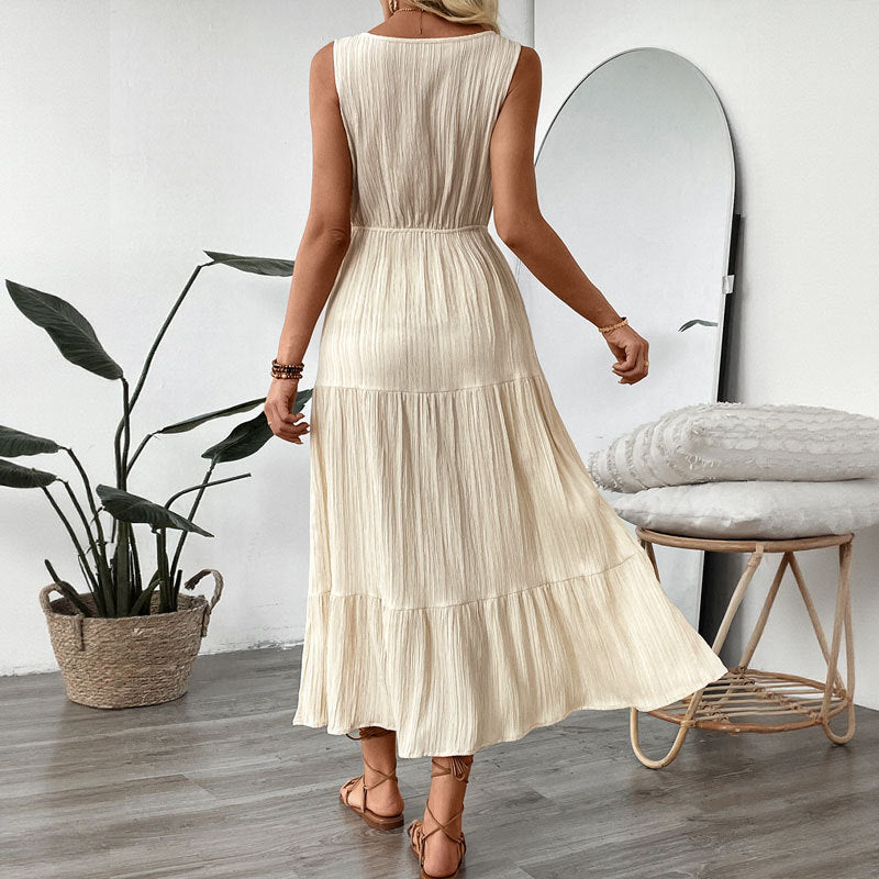 Women's Midi Dress – Sleeveless – Relaxed Fit – V-Neck – Button Closure – Layered Skirt – Waistband – Breathable Material