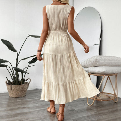 Women's Midi Dress – Sleeveless – Relaxed Fit – V-Neck – Button Closure – Layered Skirt – Waistband – Breathable Material