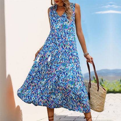 Women's Dress – Sleeveless A-line – V-neck – Layered Midi – Light Cotton
