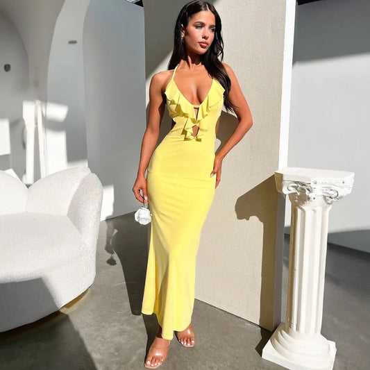 Women's Maxi Dress – Slim Fit – Ruffle Collar – Front Cutout – Adjustable Straps