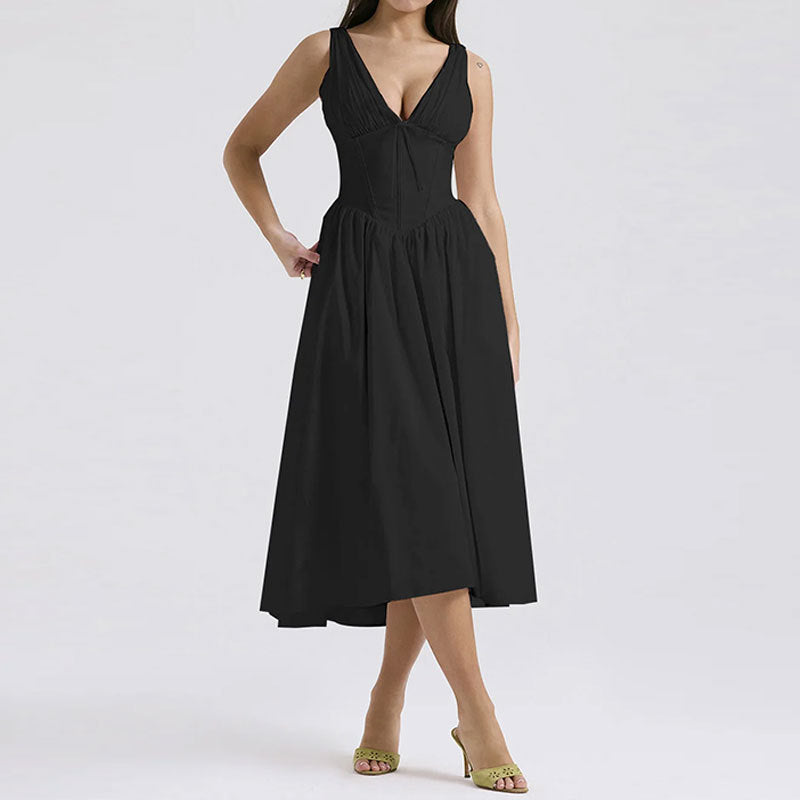 Women's midi dress – A-line fit – V-neck – Spaghetti straps – Floral print
