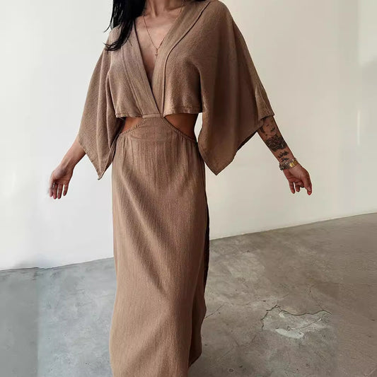 Women's Maxi Dress – Slim Fit – Cotton Linen Mix – V-neck – High Slits – Waist Cutout