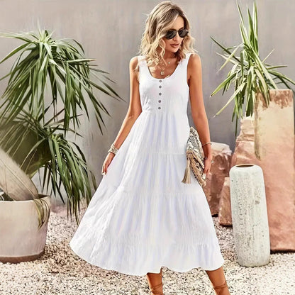 Dress for Women – Maxi A-line – Sleeveless – U-neck – Button Details – Layered Skirt