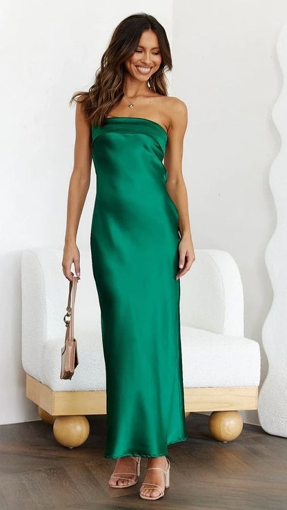 Women's Maxi Dress – Satin – Strapless – Slim Fit – Elegant Evening Dress