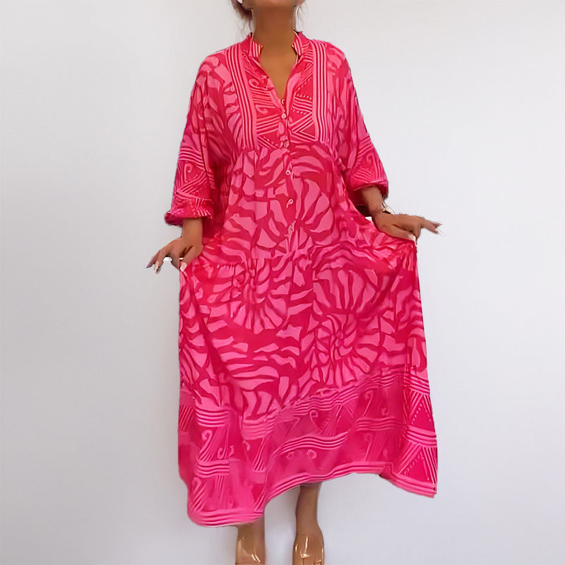 Women's Dress – Loose Fit – Lightweight Fabric – Mid-Length – Print – Button Closure – Rolled-Up Sleeves
