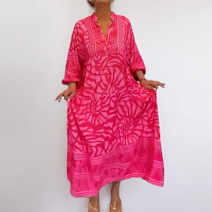 Women's Dress – Loose Fit – Lightweight Fabric – Mid-Length – Print – Button Closure – Rolled-Up Sleeves