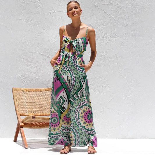 Women's Jumpsuit – Wide Legs – Spaghetti Straps – Front Bow Cutout – Breathable Comfort