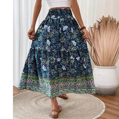 Women's Maxi Skirt – Bohemian Floral – Elastic Waist – Layered – Breathable Comfort