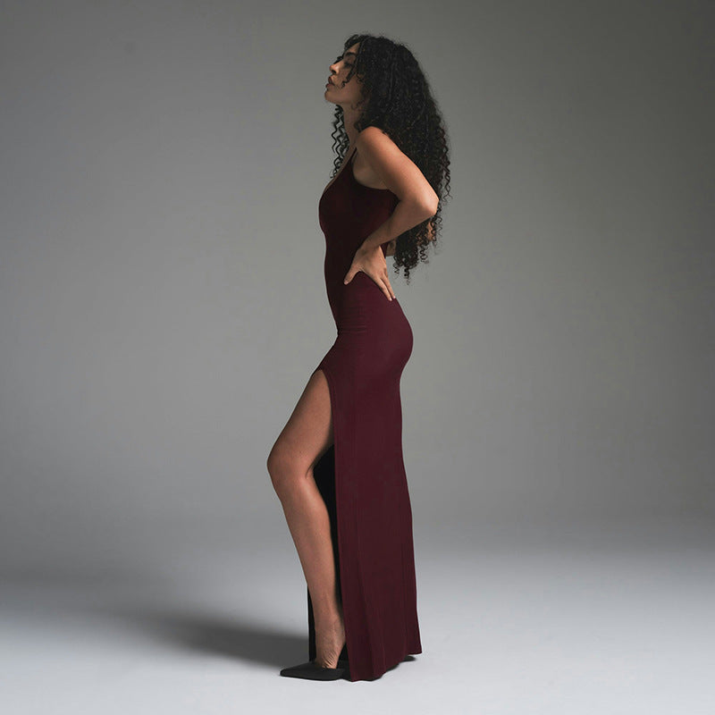 Women's Maxi Dress – Slim Fit – Spaghetti Straps – Slit – Backless Evening Look