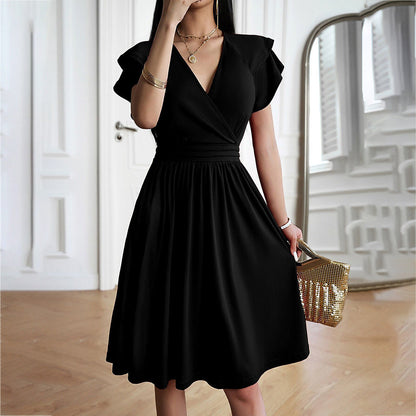 Women's Dress - V-Neck Wrap Design - Short Ruffle Sleeves - Elegant Midi Length Cut