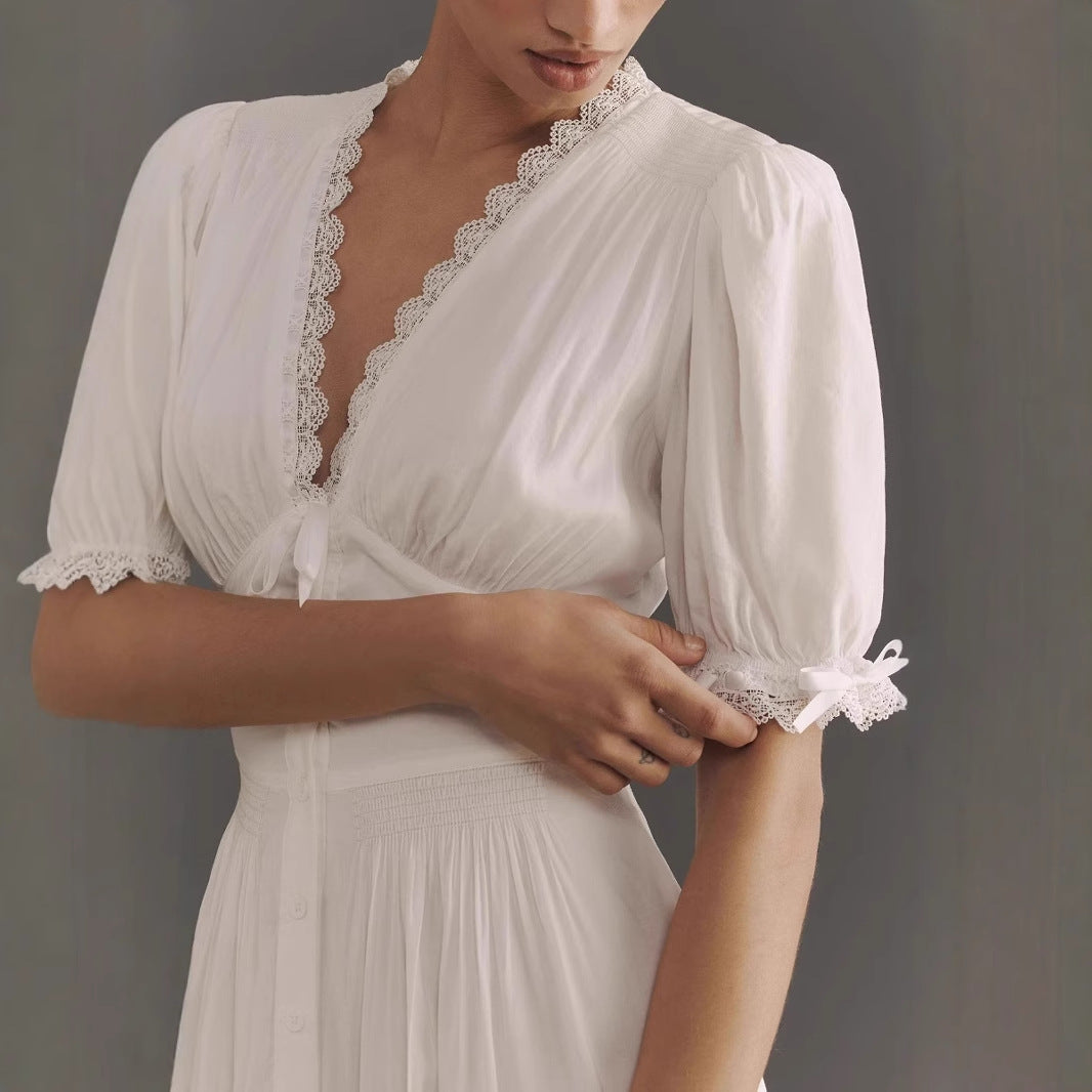 Women's Dress – Midi Length – V-neck with Lace – Puff Sleeves – A-line Fit