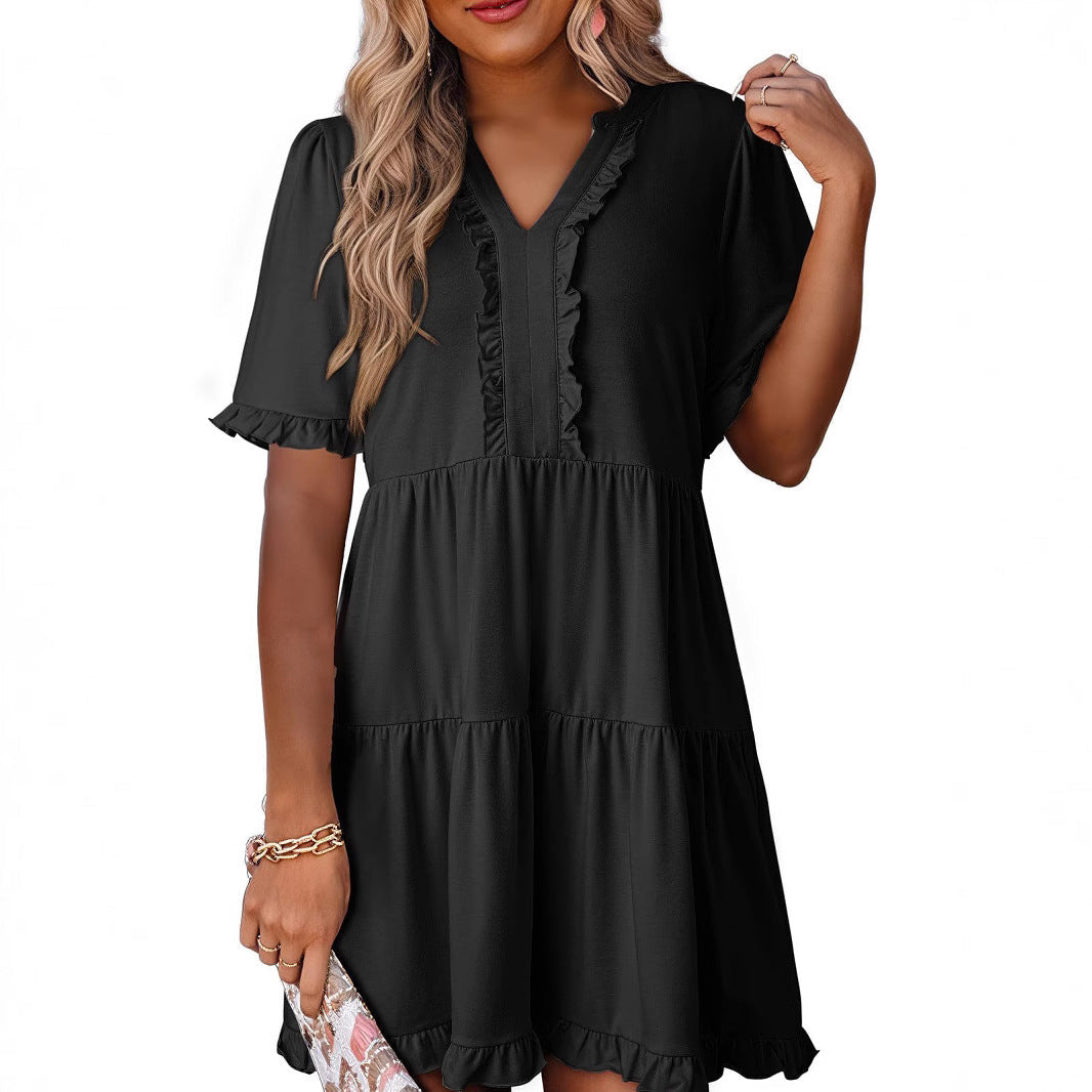 Women's A-line Dress – V-neck – Ruched Details – Layered – Short Sleeves – Loose Fit