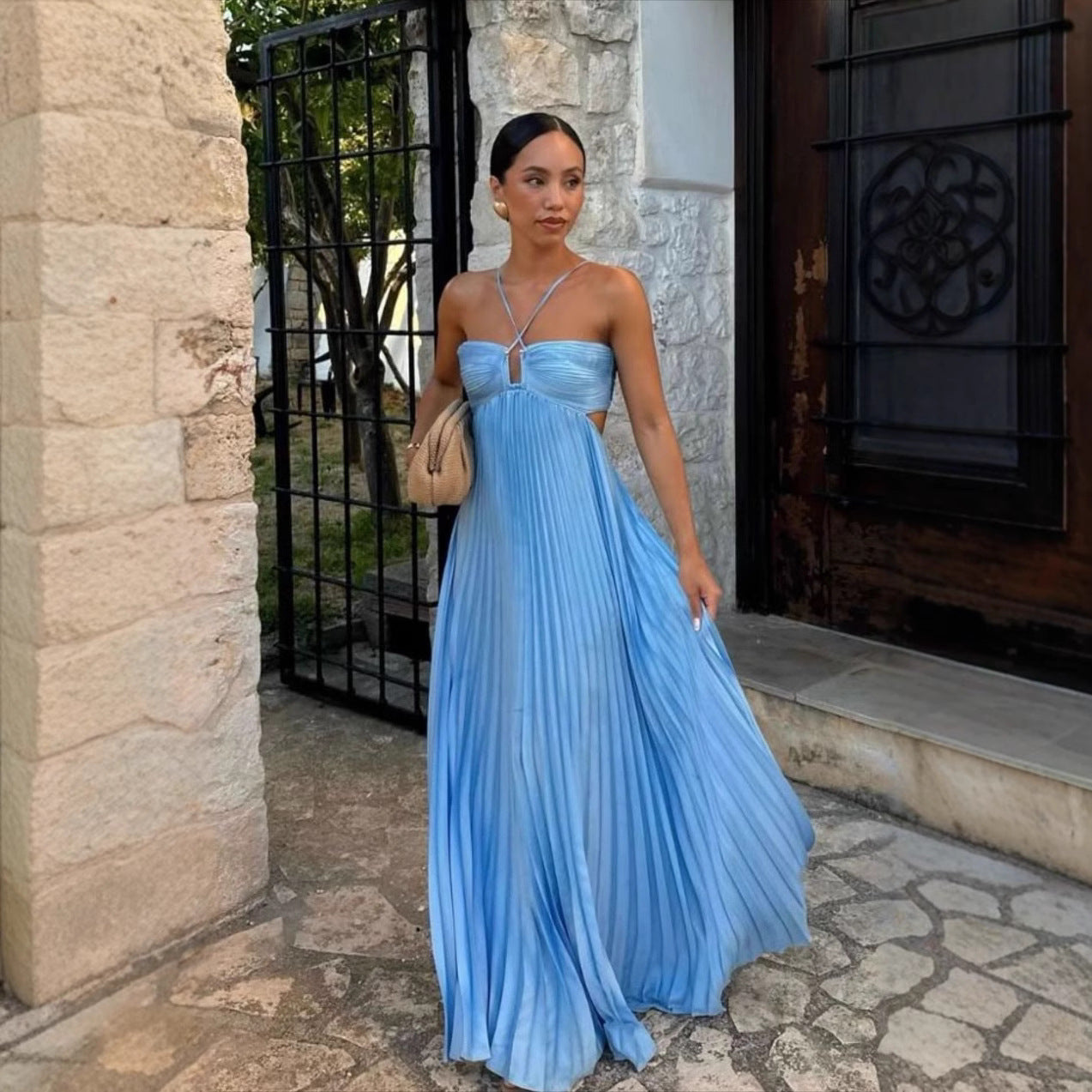 Women's Maxi Dress – Strapless – Cross Details – Pleated A-Line – Side Cutouts