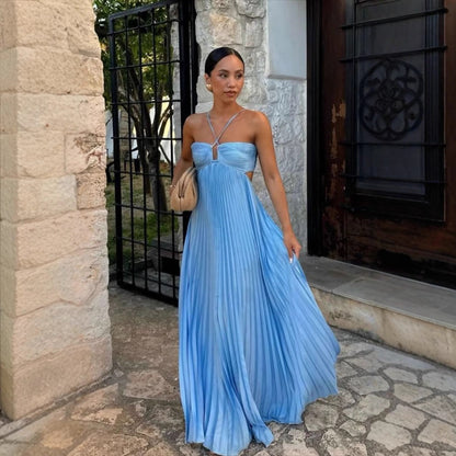 Women's Maxi Dress – Strapless – Cross Details – Pleated A-Line – Side Cutouts