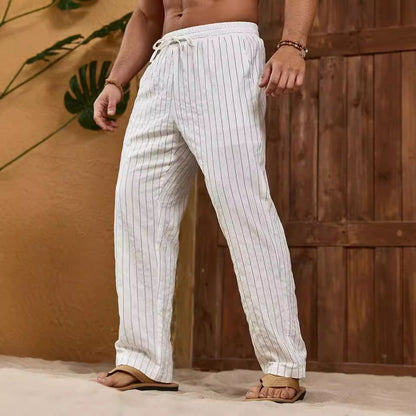 Men's Trousers – Relaxed Fit – Cotton Linen Blend – Striped – Drawstring Closure