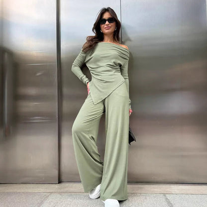Women's Set – Off-Shoulder Top Asymmetric Cut – Wide Pants – Soft Stretch Knit