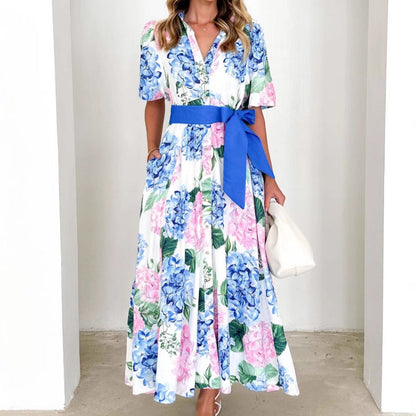 Women's Maxi Dress – A-line Fit – Short Sleeves – Floral Print – Waist Tie