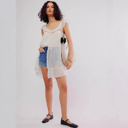 Women's Mini Dress – Sleeveless Chiffon – Loose Fit – Buttons and Lace Trim