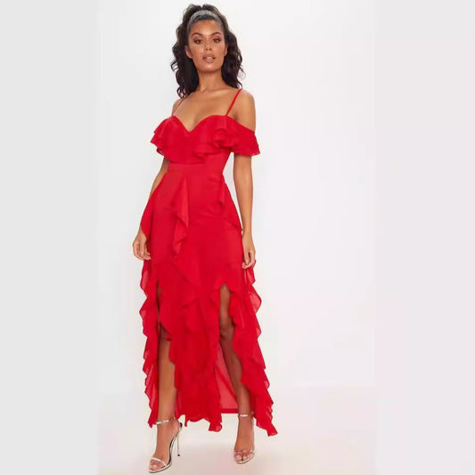 Women's Maxi Dress – Slim Fit – Lightweight Chiffon – Ruched Off-Shoulder Design