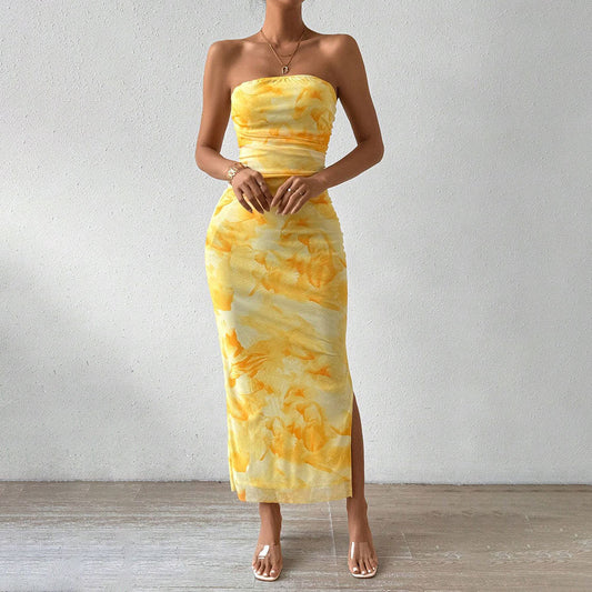 Dress for Women – Maxi Length – Strapless – Slim Fit – Mesh Layer – Slit Detail