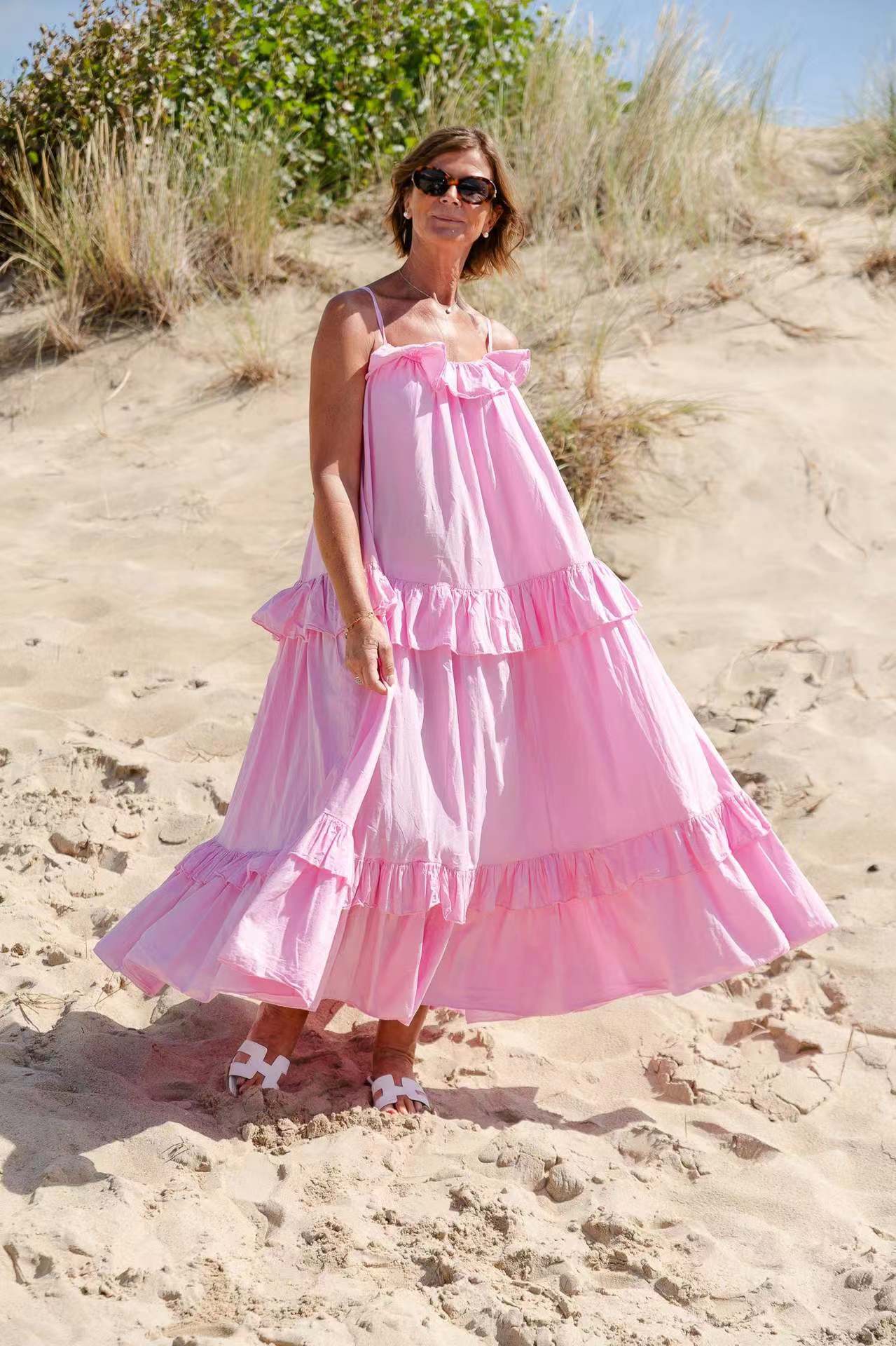 Women's Maxi Dress – Flowy Fit – Ruched Neckline – Layered Skirt – Spaghetti Straps