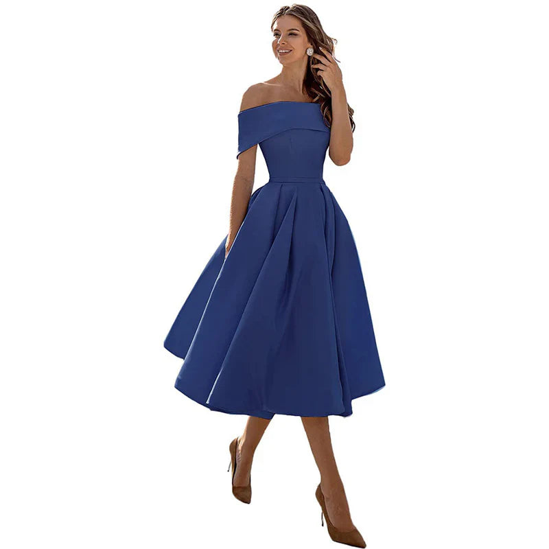 Women's Midi Dress - Elegant Off-Shoulder - Fit & Flare - Formal Party Look