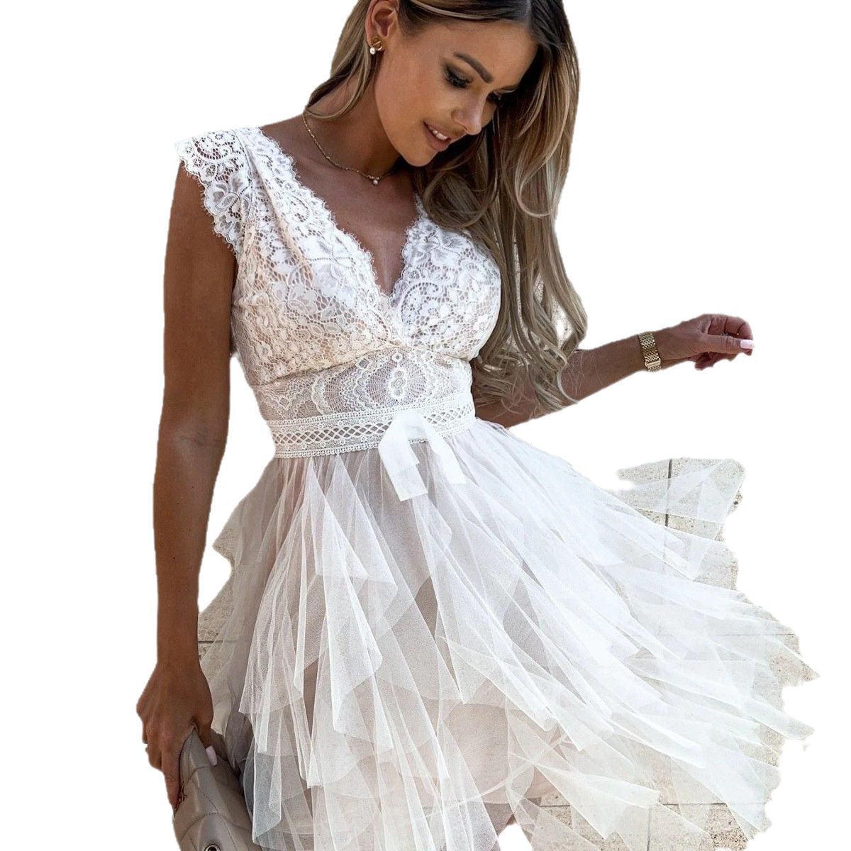 Party Dress for Women – Lace Top – V-Neck – Sleeveless – Tulle Skirt – Knee Length